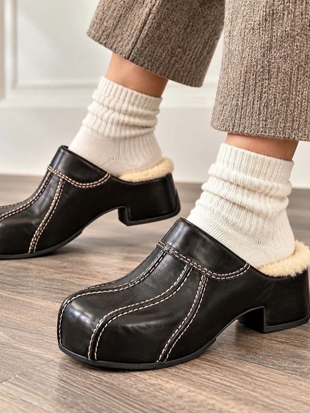 Ssense Miista Black leather shearling Platform Clogs/mules, 37 7 New